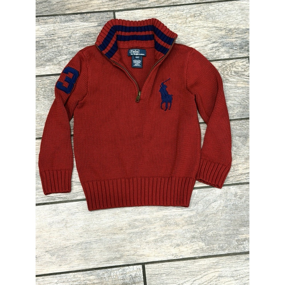 Vintage Polo Ralph Lauren 1/4 Zip Sweater Boys Size 4 Red Big Pony Logo Cotton